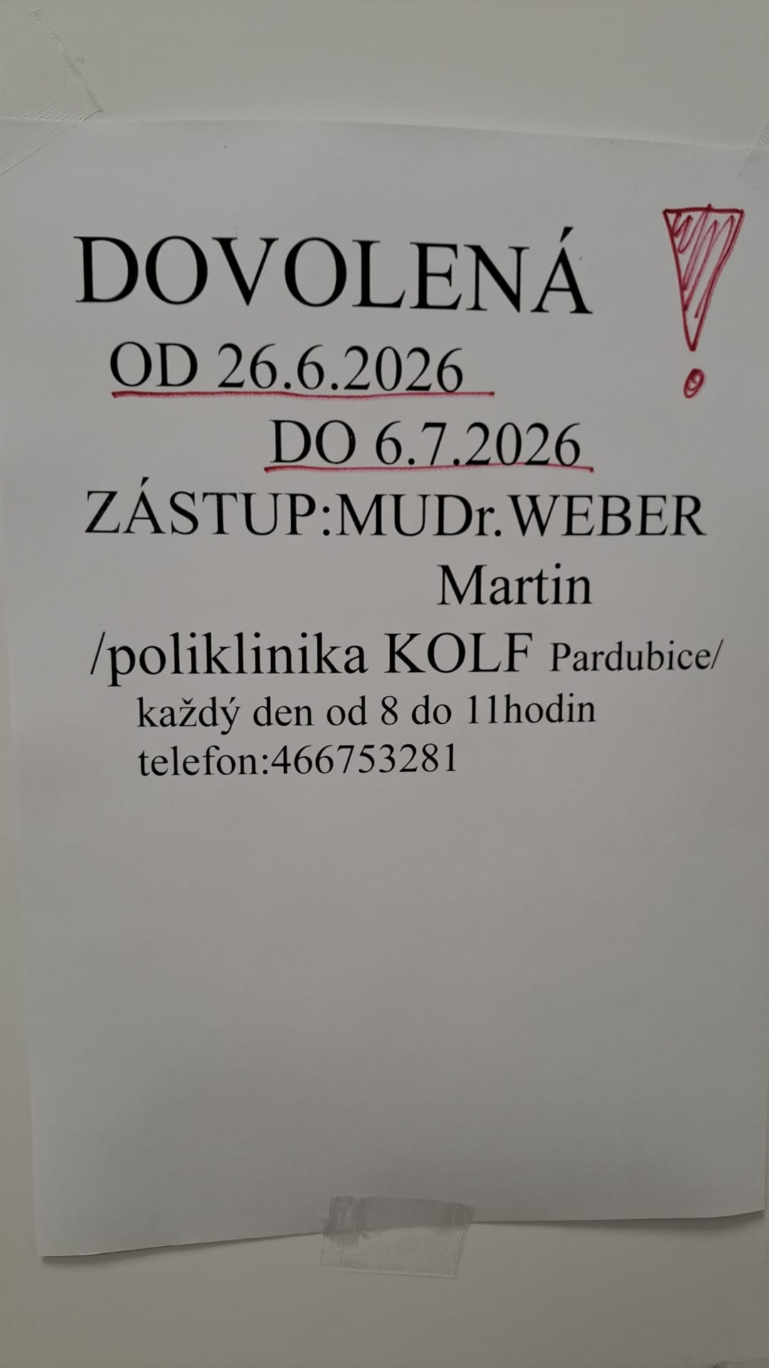 Dovolená<br>MuDr. Kubrycht