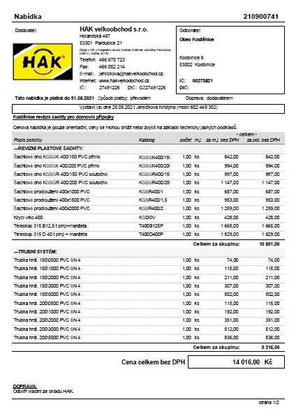 Nabídka materiálu<br>kanalizace-05/21