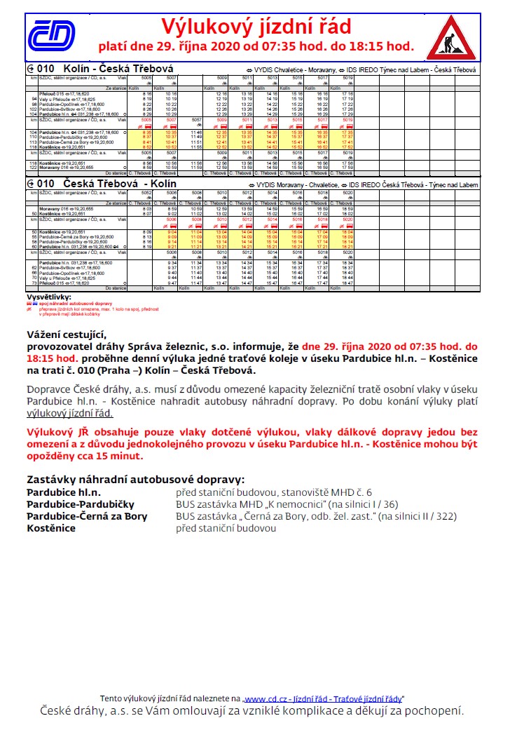 Výlukový jizdní řád<br>29.10.2020