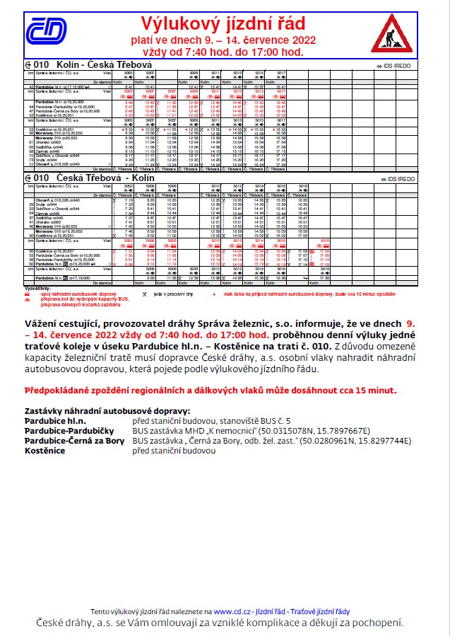 Výluka na železnici 9.-14.7.2022