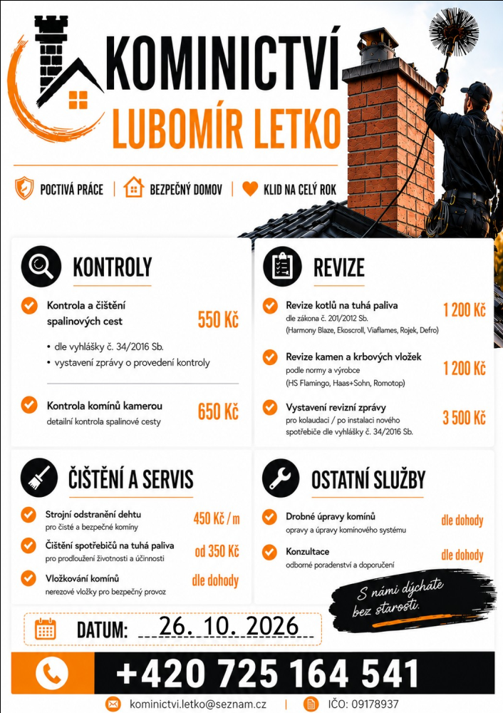 Čištění a revize<br>komínů a kotlů Čištění a revize<br>komínů a kotlů