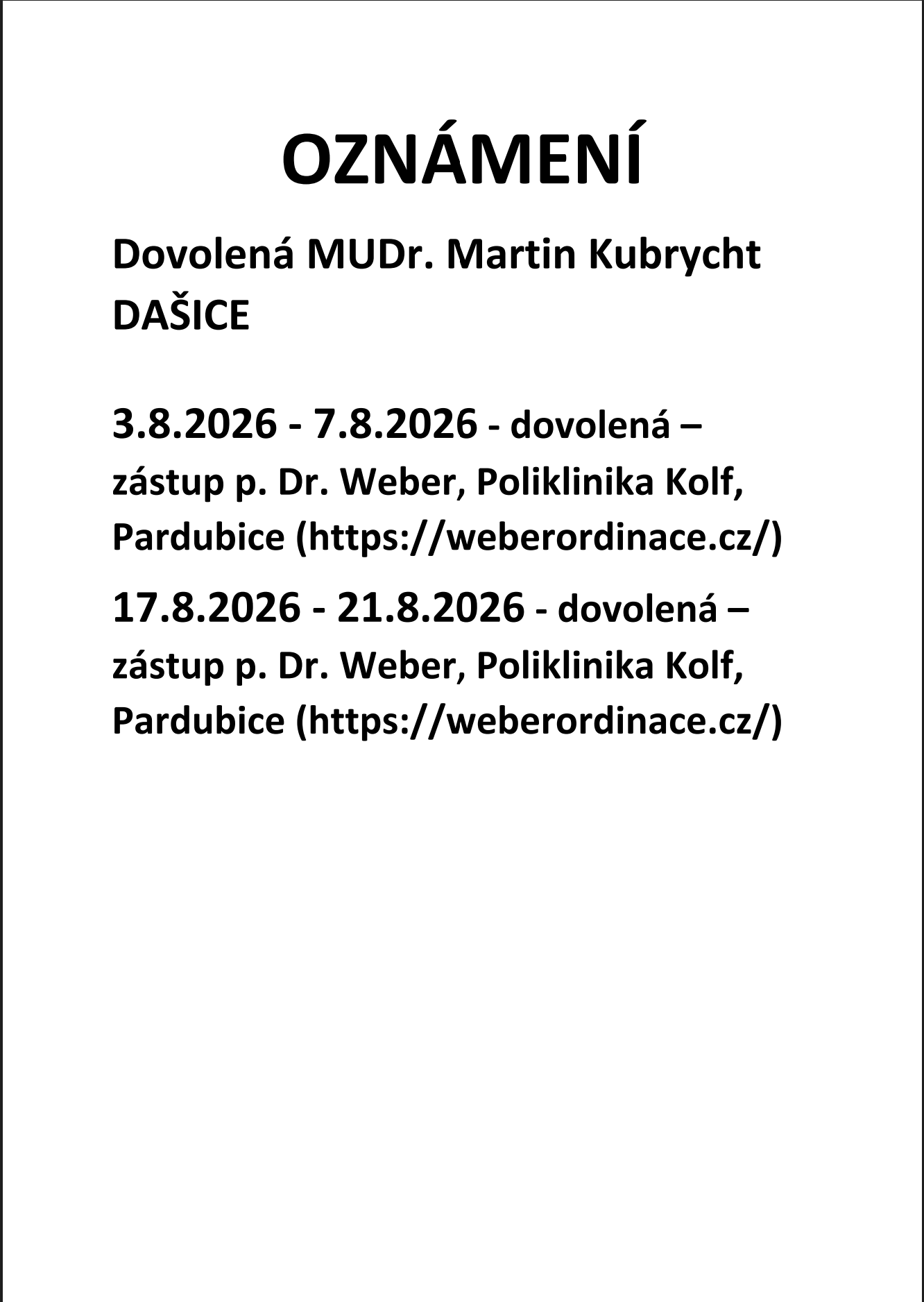 Mudr.Kubrycht Dašice<br>Dovolená Mudr.Kubrycht Dašice<br>Dovolená