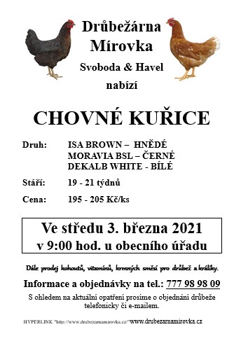 Drůbežárna Mírovka<br>Chovné kuřice