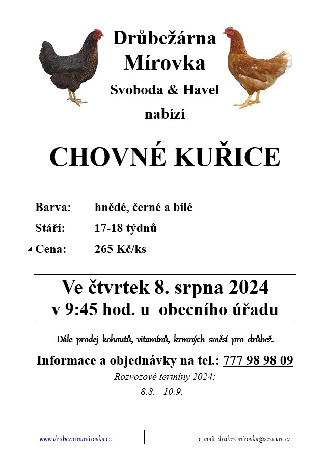 Drůbežárna Mírovka<br>Chovné kuřice