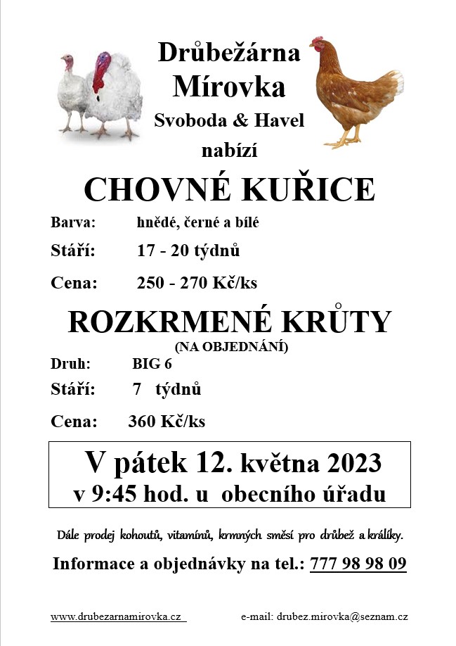 Drůbežárna Mírovka<br>Chovné kuřice a krůty