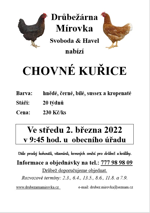 Drůbežárna Mírovka<br>Chovné kuřice