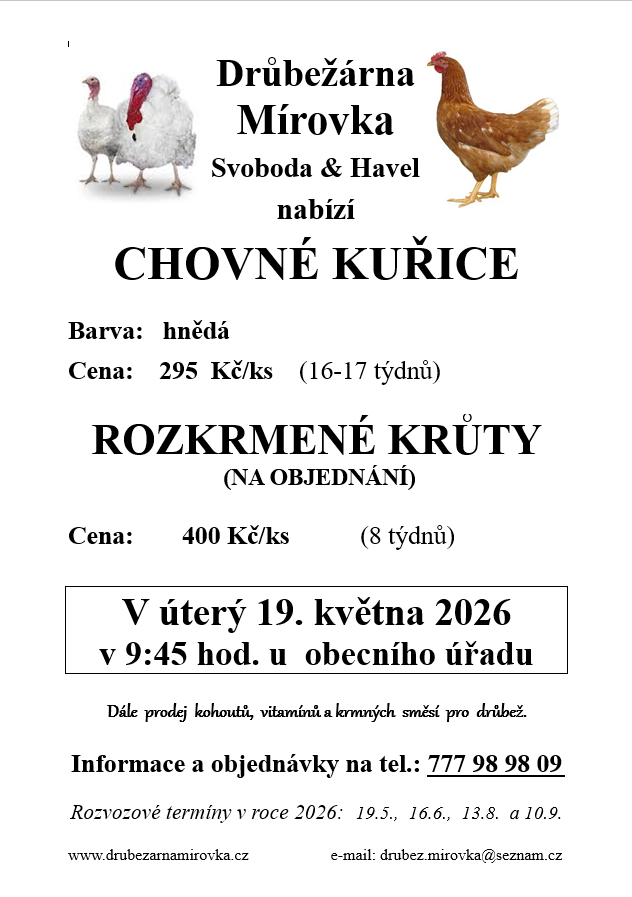 Drůbežárna Mírovka<br>Kuřice a krůty Drůbežárna Mírovka<br>Kuřice a krůty