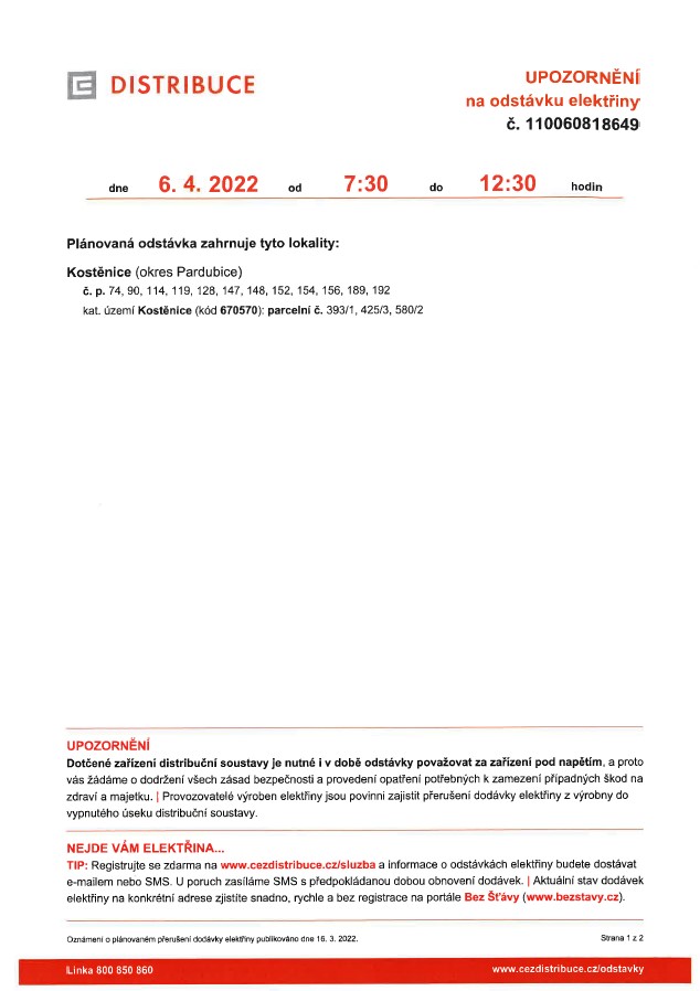 Ostávka elektřiny<br>dne 6.4.2022