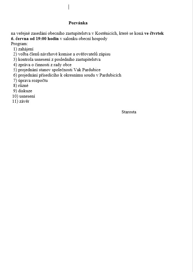 Zasedání obecního<br>zastupitelstva 6.6.2024