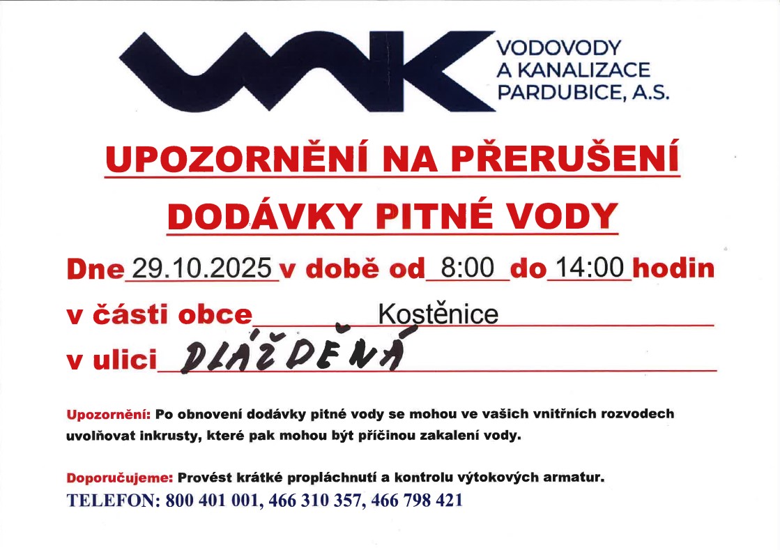 Přerušení dodávky<br>pitné vody