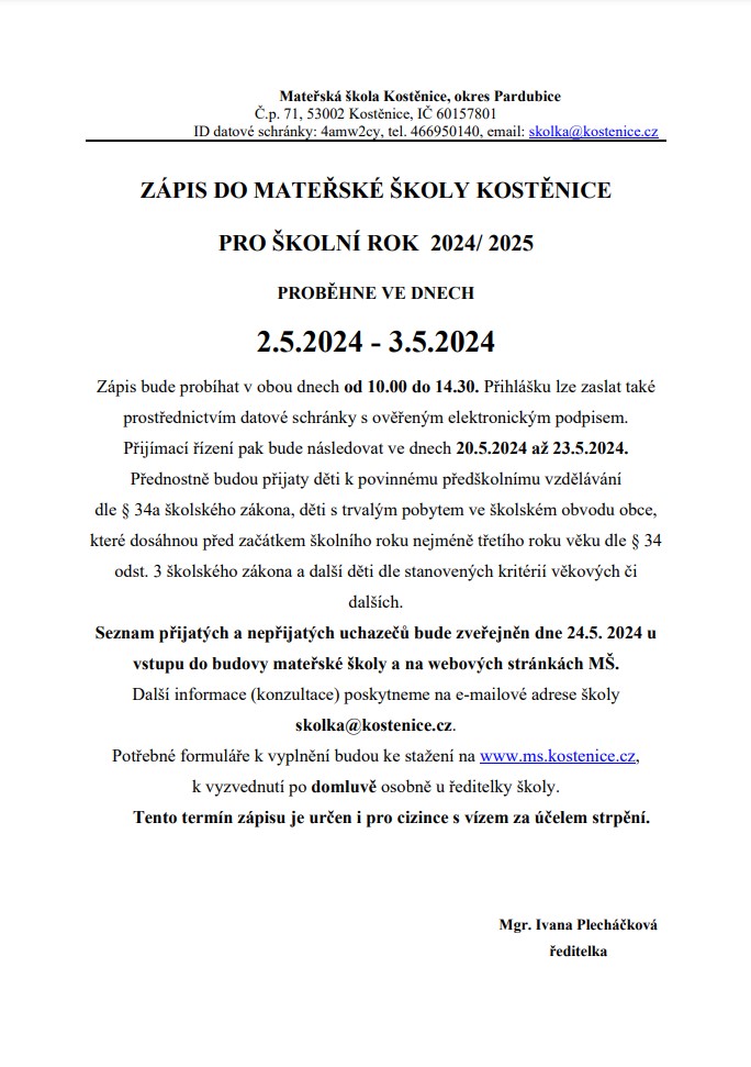 Zápis do<br>MŠ Kostěnice 2024
