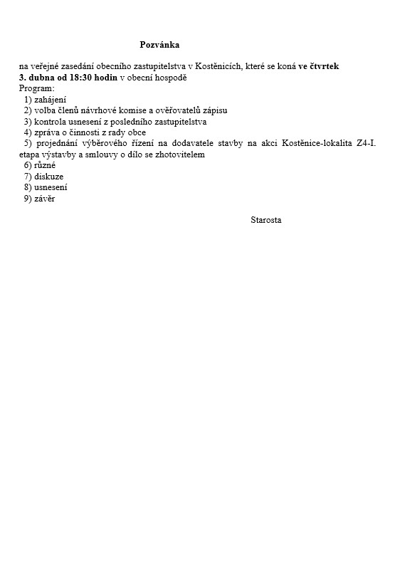 Veřejné zasední obecního zastupitelstva 04/2025
