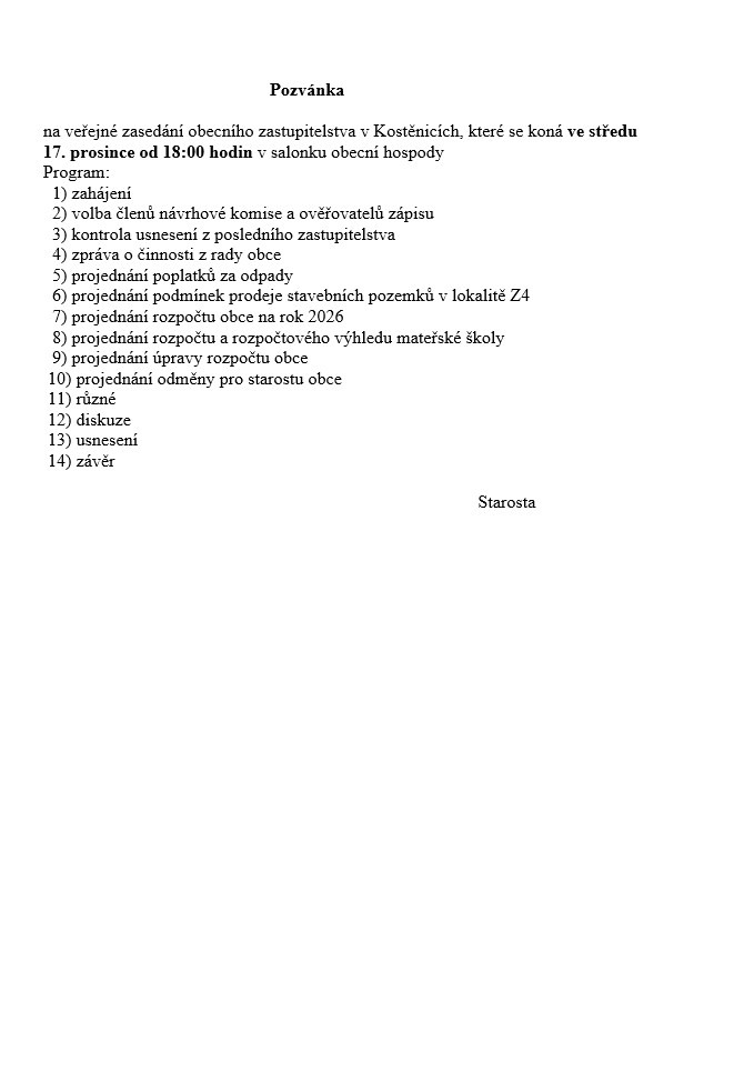 Veřejné zasedání obecního zastupitelstva 12/2025