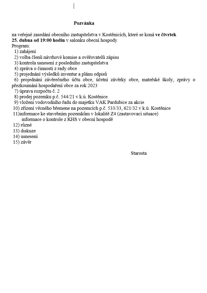Zasedání obecního<br>zastupitelstva 25.4.2024