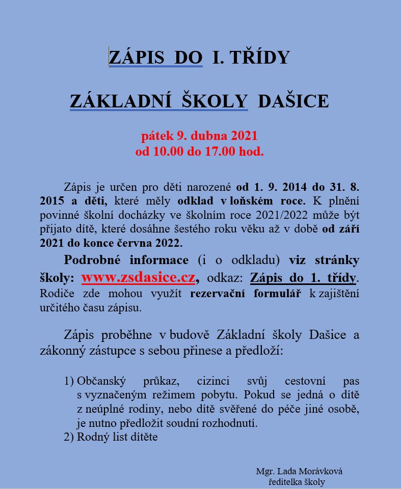 Zápis do<br>ZŠ Dašice 2021