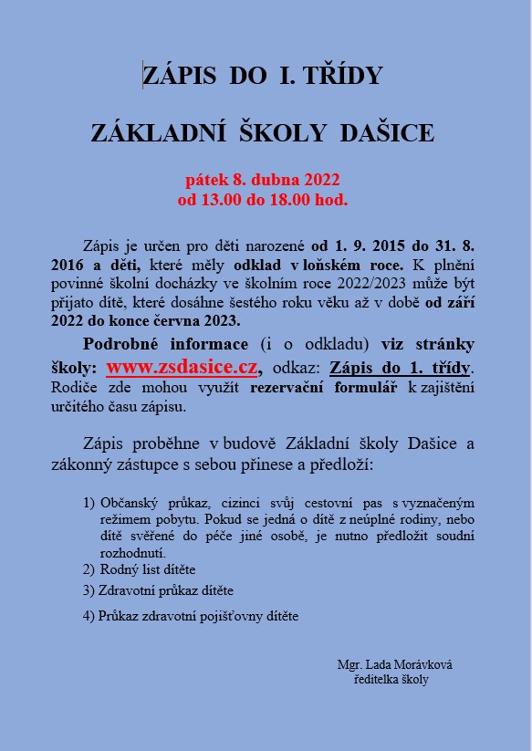 Zápis do<br>ZŠ Dašice 2022