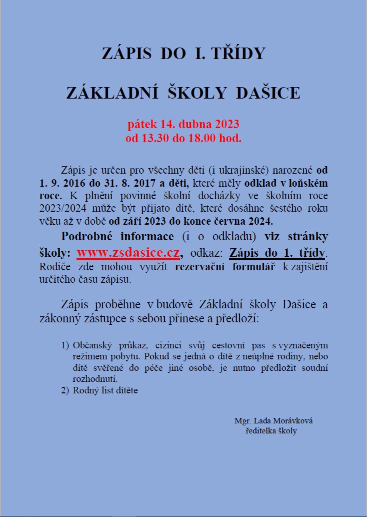 Zápis do<br>ZŠ Dašice 2023