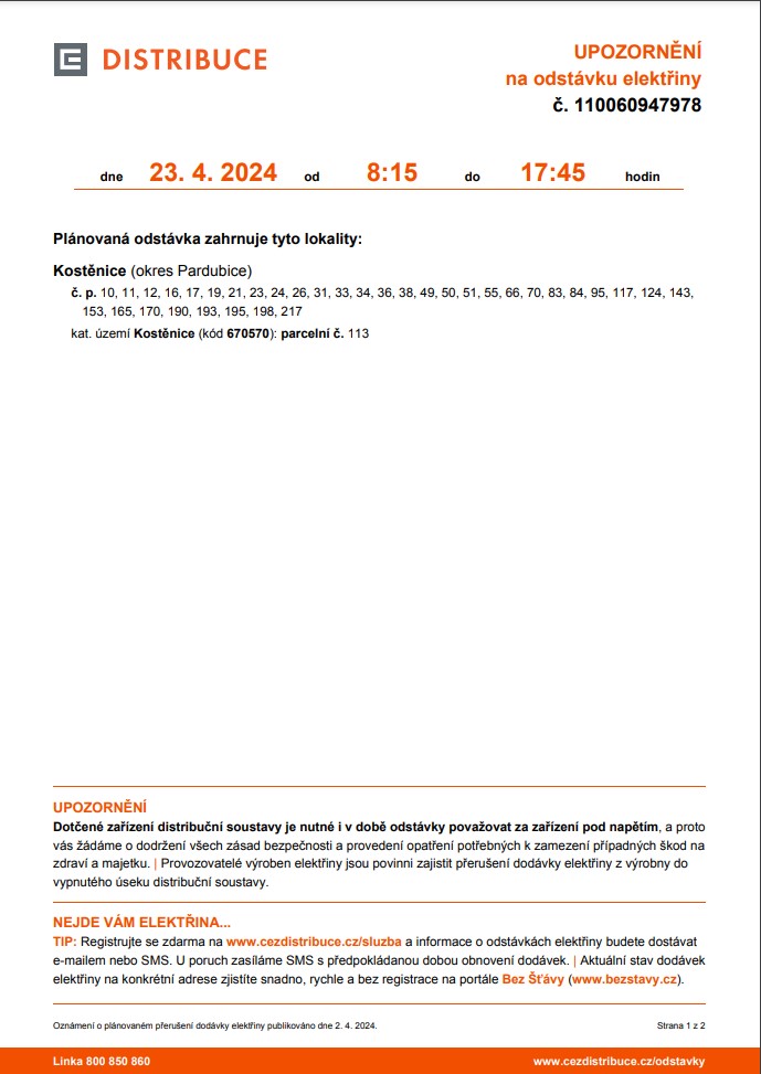 Přerušení dodávky<br>elektrické energie